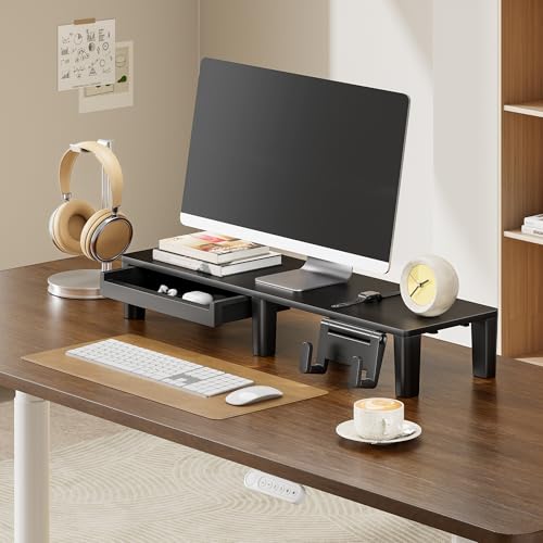 PEGZONE Monitor Stand Riser for Desk, Ergonomic Computer Riser with Storage Drawer, Desktop Shelf Organizer for PC, Laptop, for Home Office