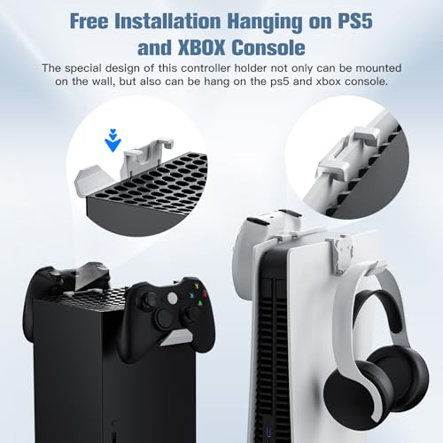 KUNSLUCK 2 Pack Controller Wall Mount for PS5, Xbox, Switch Controller, Wall Mount Stand for Controller&Headset, Adhesive/Screws Installation (White) - color: White, size: 2 Pack