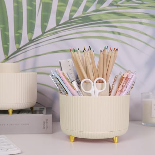 SKYDUE 360 Rotating Plastic Desk Pen Organizer with 5 Slots, Dual-Purpose Art Supply Pencil Cup for Office, School, Home - color: Beige_1Pack