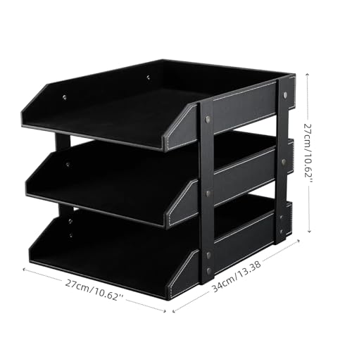 KINGFOM Letter Tray, Leather Paper Organizer Tray, Wooden Desk File Holder, Desktop File, Stackable Magazine Holder, Mail Sorter, Great for Home or Office - 3 Level Black - color: Black, size: 13.8" x 10.8" x 12"