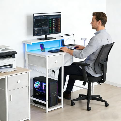 X-cosrack 33.5" Small Computer Desk with Monitor Stand & Outlets, Small Gaming Desk with LED Light & CPU Stand, Teen Study Writing Table with Storage Drawer, Side Hooks for Bedroom, Home Office White - size: 33.5" White with Normal Monitor Stand