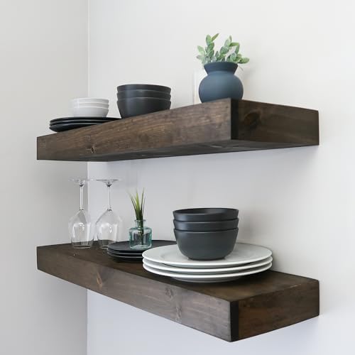 Urbandi Modern Floating Shelves 3 Inches Thick for Wall, Wide Shelves for Kitchen, Living Room, Bedroom, and Bathroom, Natural Pine Wood, Rustic Wooden Shelf, (Set of 2) (Jacobean, 36Lx3Hx8D) - color: Jacobean, size: 36Lx3Hx8D