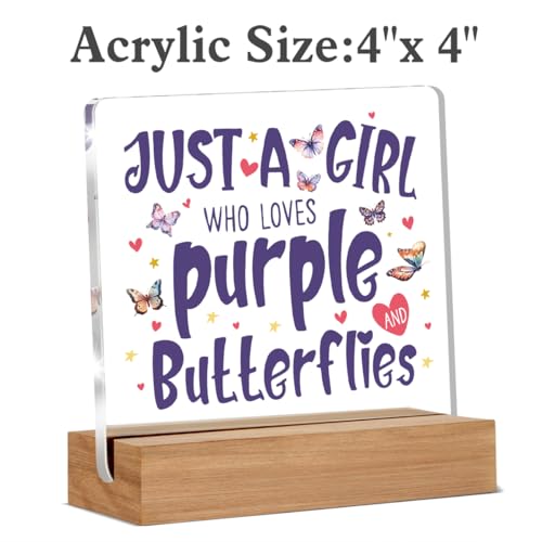 Purple Butterfly Gifts for Women Butterfly Lovers, Birthday Gifts for Friends Coworker, Just A Girl Who Loves Purple Butterflies Acrylic Plaque Desk Signs Decor 4 × 4 Inches - color: JUST