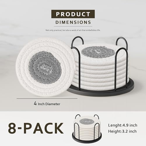 Lazebox Coasters Set of 8 for Drinks, 4 Inch Large Coasters for Coffee Table, Tabletop Protection for Hot & Cold Drinks, Versatile Coasters for Home Decor, Non-Slip & Easy to Clean, White with Grey - color: White With Grey