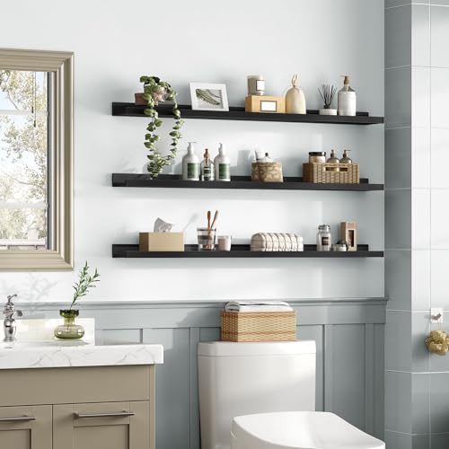 HOOBRO Floating Shelves, Wall Shelf Set of 3, 47.2 Inches Hanging Shelf with Raised Edge and Invisible Brackets, for Bathroom, Bedroom, Kitchen, Office, Living Room Decor, Black BK92BJ01 - color: Black, size: 47.2 Inches
