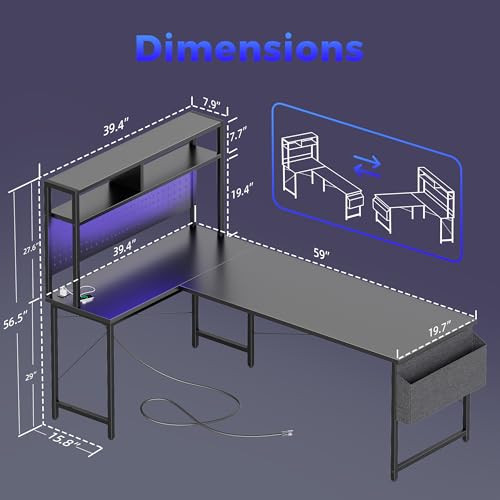 Mericonia 59 inch Large L Shaped Desk with Pegboard Hutch & Shelves, Corner Gaming Desk with Power Outlet, LED Light & Storage Bag, Reversible Computer Desk for Home, Bedroom, Office Workspace, Black - color: Black, size: 59 inch