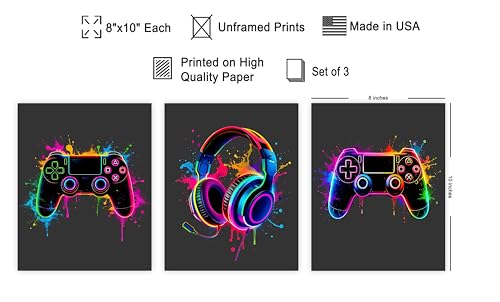 Poster Master 3-Piece Video Game Print - Neon Gaming Poster - Geeky & Pop Art - Modern Consoles Design - Gamer Gift - Game Room or Teen Boy's Room Decor - 8x10 UNFRAMED Wall Art - color: Style-05, size: 8"L x 10"W