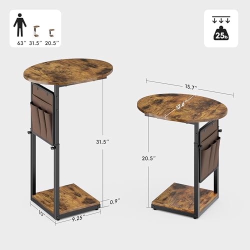 Vagusicc C Shaped End Table, Adjustable Height Small Side Table for Couch, 32" Tall Couch Side Table Slide Under Sofa Table TV Tray with Storage Bag for Living Room and Bedroom, Brown - color: Rustic Brown, style: Ordinary