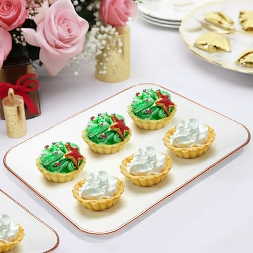 3 Pack Rose Gold Plastic Serving Trays for Party - Rose Gold Serving Tray 8 x 11 Inch - Heavy Duty Dessert Trays for Food - Rectangular Party Serving Trays for Entertaining - color: White and Rose Gold Rim