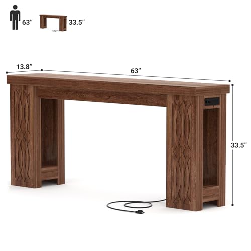 Cyclysio 63" Console Table with Outlet, Farmhouse Entryway Table with Colorful LED Lights, Wooden Sofa Table with Unique Carved Design, Foyer Accent Table for Entrance, Hallway, Living Room - color: Rustic Oak, size: 63 Inch