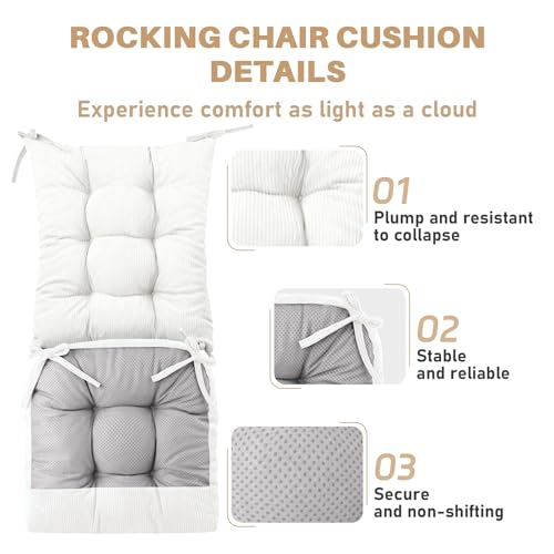 Rocking Chair Cushion Set Tufted with Ties, Non-Slip High Back Chair Pads for Adirondack Nursery Porch Rockers - color: White