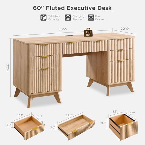 T4TREAM 60'' Fluted Executive Desk with Drawers, Modern Home Office Computer Desk with Charging Station, Keyboard Tray, File Drawer and Storage Cabinet for Study, Living Room, Bedroom, Natural Oak - color: Natural Oak