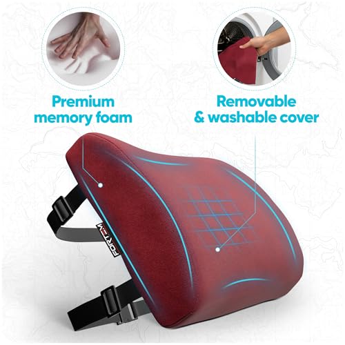FORTEM Lumbar Support Pillow for Office Chair, Lumbar Support Pillow for Car, Back Rest for Gaming, Memory Foam Pillow, Desk Chair Cushion, Breathable & Washable Cover, Adjustable Straps - color: Red Velour