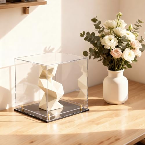 Acrylic Display Case for Collectibles, Dustproof Acrylic Box with Clear Display Elevation & Gold Risers, Large Display Case for Figures Toys Memorabilia, 8" L x 8" W x 9.6" H - size: 8"L x 8"W x 9.6"H