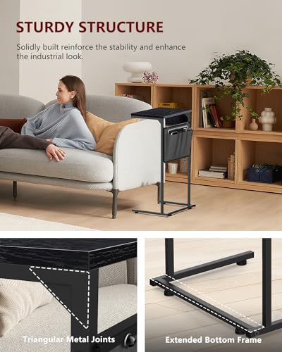 Vantic C Shaped End Table, Small Side Table for Couch and Recliner, Slide Under Sofa Tray Desk with Storage Bag for Living Room and Bedroom, Black - color: Black