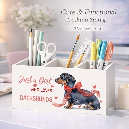 Dachshund Wooden Desk Organizer Pen Holder | Cute dachshund desk decor with 3 compartments; wooden pen holder for office, home desk storage, or dog lover gift. - color: Dachshund Girl