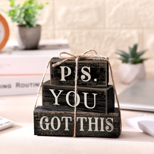 Yuntau 4 Pcs Farmhouse Motivational Office Desk Black Decor P. S. You Got This Wooden Tabletop Inspirational Tiered Tray Decorations Rustic Sign Block Gift for Women Home Kitchen Shelf - style: Got This