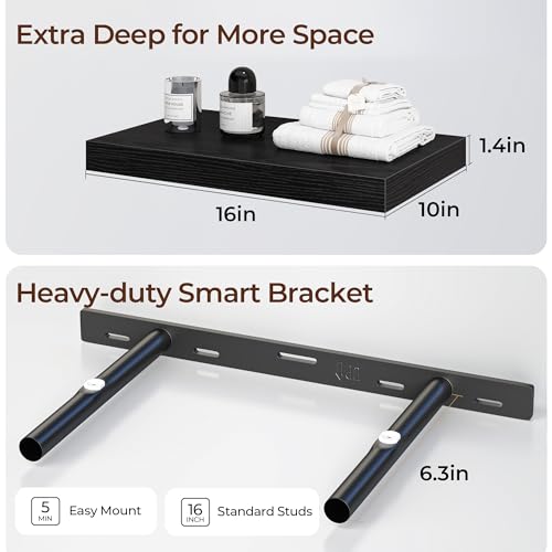 Fun Memories Floating Shelves for Wall 16 Inch Set of 3, Farmhouse Floating Shelf with Invisible Heavy Duty Bracket, 10 Inch Deep Bathroom Shelves for Storage, Living Room, Kitchen, Decor, Black - color: Black, size: 16"W x 10"D - 3P