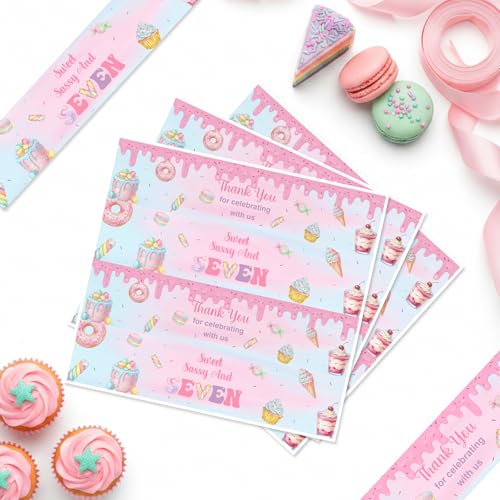 Donut 7th Birthday Decorations For Girls, 52Pcs Sweet Sassy And Seven Water Bottle Labels Donut And Ice Cream Party Wraps, Candy Theme Drink Stickers For Birthday Table Setup And Party Favors