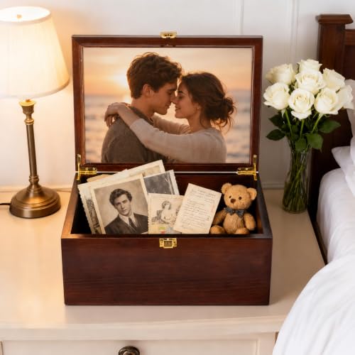 Larger Wooden Memory Keepsake Box with Hinged Lid & 8x10 Photo Frame Inside Lid – Decorative Storage Box With a Hinge Lids for Pictures, Letters & Time Capsule – Wooden Gift Box, 5.3” x 8.6” x 11.7” - color: Brown-P