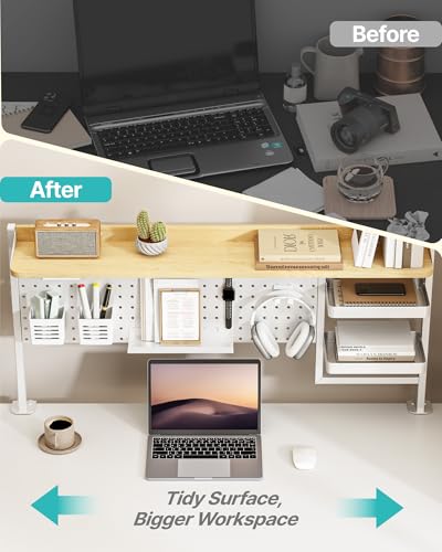 PEGZONE Clamp on Desk Shelf, 44" Desktop Shelving System, White | with Pegboard and Accessories, Desktop Organizer with 2-Tier Shelf, Desk Pegboard for Gaming Office - color: White