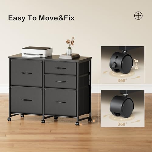 YeTom Lateral File Cabinet with 5 Drawers Rolling Filing Cabinets Under Desk Storage Printer Stand with Wheels,Mobile File Cabinet for Home Office,Black - color: Black