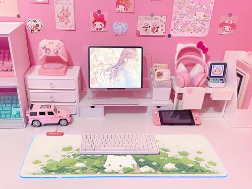 JMIYAV Pink RGB Gaming Mouse Pad 31.5x12 Inch PC XL Large Extended Glowing Led Light Up Desk Pad Non-Slip Rubber Base Computer Cute Mousepad Mat Desk Accessories Gaming Setup Hidden Cat - color: Hidden Cat
