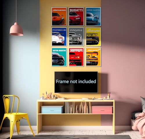CSLGQGV Car Poster Vintage Racing Car Wall Art Supercar Canvas Prints Painting For Men Room Pictures Guys Dorm Room Aesthetics Decor Bedroom Office (Unframed,8×10inch,9pcs) Colorful car - color: Colorful 2, size: 8" x 10" Poster