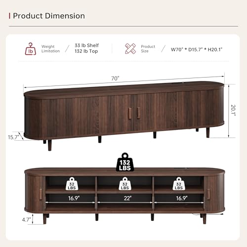 MXV 70" Mid-Century Modern TV Consoles with Sliding Doors, TV Stand with Power Outlet, Fluted Entertainment Center with Adjustable Shelves, for Living Room - color: Walnut, size: 70in