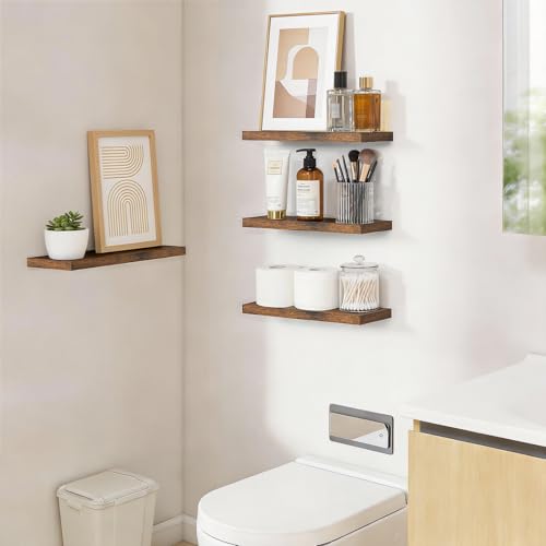 BAYKA Bathroom Floating Shelves for Wall Set of 3 - Rustic Brown Farmhouse Wood Shelves Over Toilet for Bedroom, Kitchen, or Living Room Decor Display, Storage for Plants, Toilet Paper or Bath Towels - color: B. Rustic Brown - Americana Farmhouse Style, s