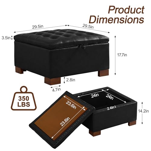 WUTUTUEE 30" Faux Leather Square Storage Ottoman with Wooden Tray, Modern Tufted Button Footstool Coffee Table, Upholstered Large Ottoman for Living Room, Bedroom, Black - color: Black-pu, size: 30 Inch