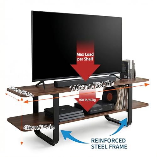 Welnow Walnut TV Stand for 65" TV, Mid Century Modern Entertainment Center with 2-Tier Open Shelves, Versatile Modern TV Console & Table for Living Room & Gaming - color: 2 Tiers Walnut, size: 55.1"
