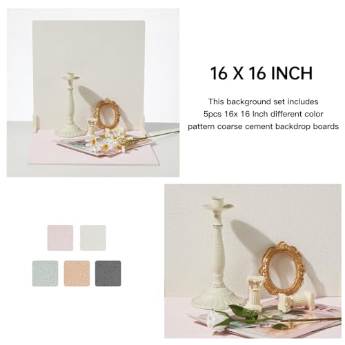 5PCS Photography Backdrop Boards with 4 Brackets, 16x16 Inch Coarse Sand Backdrop Board for Food Jewelry, Cosmetics and Ornaments Shooting - color: pearl shell/light pink/nude/light green/dark gray