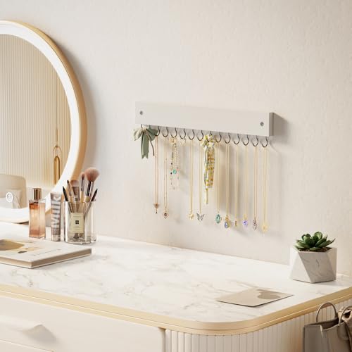 Lolalet Wooden Necklace Holder for Wall with 15 Hooks, Necklaces Hanger Easy Install Wall Mount Necklace Organizer, Jewelry Hangers for Chains, Bracelets, Earrings -White - color: White