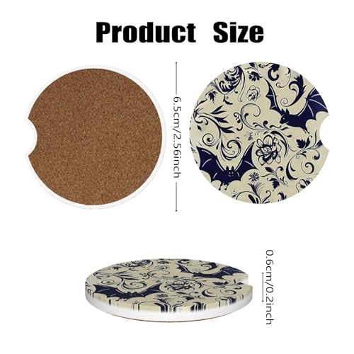 Car Cup Holder Coasters, 2 Pcs Ceramic Coasters with Cork Back and Finger Slot, Anti-Slip Shock Absorbing Women and Men Universal Car Accessories - Bat - color: Bat