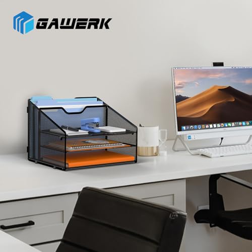 GAWERK Letter Tray Organizer, Mesh Desk File Organizer with 3 Paper Trays and 2 Vertical Upright Section (Pink) - color: Pink