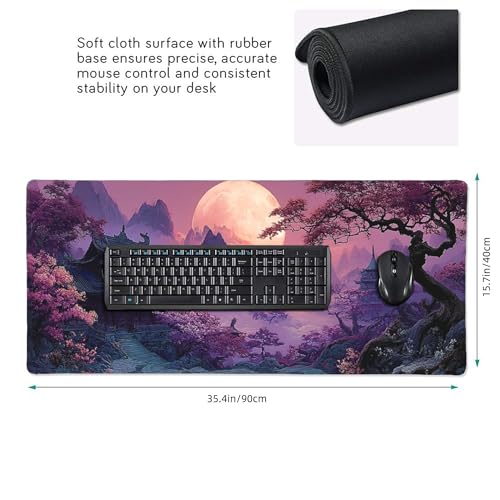 Large Gaming Desk Mat, Fantasy Japanese Temple Design, Purple, 35.4" x 15.7", Non-Slip Rubber Base, Stitched Edges - color: Modern starry sky pattern print