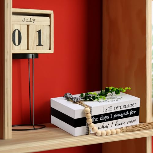 Capoda 3 Pcs Decorative Books for Home Decor Farmhouse Faux Stacked Books Wooden Rustic Table Decor with Bead Garland Twine Ribbon Faux Leaf for Table(Remember) - style: Remember