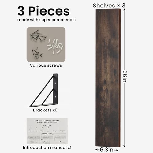 BAYKA Wall Shelves for Bedroom Decor, Floating Shelves for Wall, Display Mounted Rustic Wood Shelf for Books,Plants,Corner Shelves for Bathroom,Kitchen,Living Room(Rustic Brown,36in,Set of 3) - color: C. Rustic Brown Board & Black Brackets, size: 36-inch