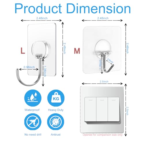 JINSHUNFA Adhesive Wall Hooks 13LB Heavy Duty No Drill Large Transparent Waterproof Hooks for Bathroom Kitchen Towel Coat 12 Pack - color: Clear, size: Large 12 Pcs