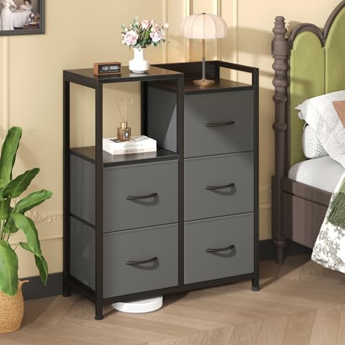DUMOS TV Stands for Bedroom with 5 Drawers, 5-Drawer Chest of Drawers with Raised Shelf, Storage Tower with Fabric Bins for Closet Organization, Hallway Storage, Ash - color: Ash, size: 31.5"D x 11.4"W x 25.9"H (5 Drawers)