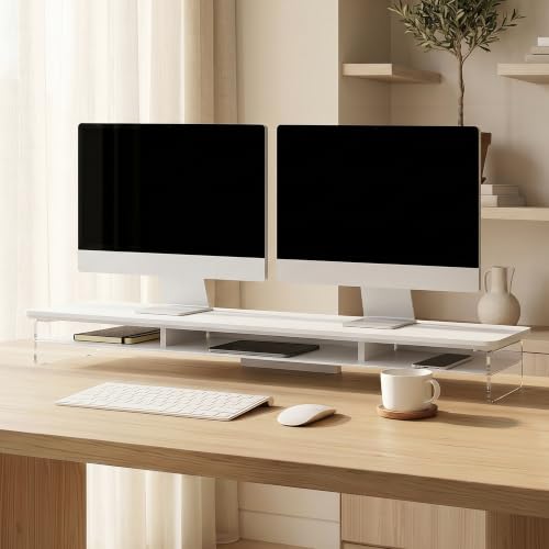 Fenge Acrylic Monitor Stand Riser, 42.5 Inches Dual Monitor Stand with Metal Storage, 2 Tier Acrylic Computer Riser for Desk, Clear Laptop Stand for PC, Laptop, Printer, TV, White - color: White, size: 42.5in