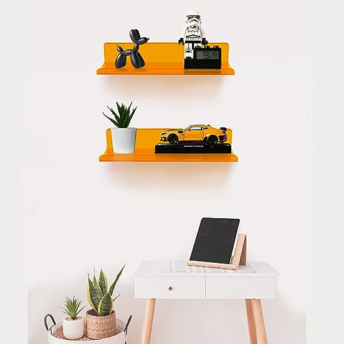 ROYALITA Small Acrylic Shelves Wall Mounted | Set of 2 | 12 Inches | Wall Hanging Plant Display Shelves, Room Decor Floating Wall Shelves for Gaming Room Bedroom, Living Room, Office, Orange - color: Orange, size: 12 Inch