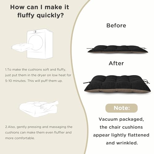 AddGrace Non-Slip Rocking Chair Cushion Extra Large Linen Thick Chair Pads Durable High Back Seat Cushions with Ties Set of 2 Black - color: Black