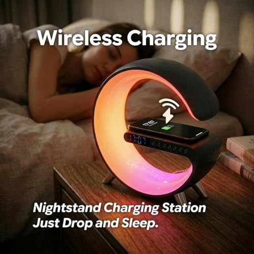 Smart LED Table Lamp,4-in-1 Wireless Charger with Speaker,Night Light, Alarm Clock, and Bluetooth Speaker with App Control, Ideal Gifts for Home, Office, Christmas (Light Black) - color: Light Black