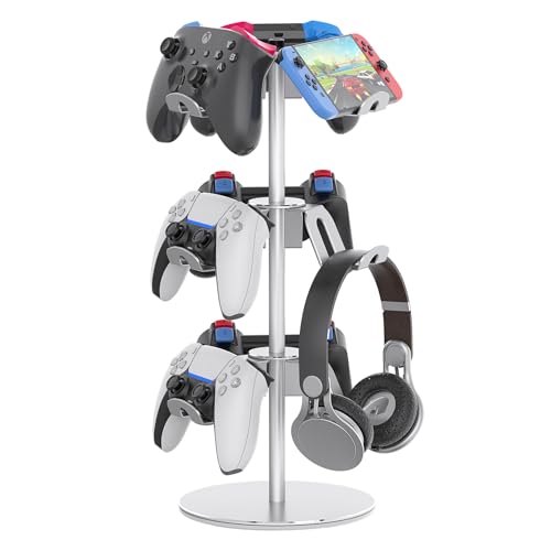 Controller Stand Compatible with Xbox PS5 PS4 Nintendo Switch Pro, 3 Tier Aluminum Gaming Headset Stand, Rotatable Headphone Controller Holder Organizer Rack, Universal & Large Capacity, Silver - color: Silver