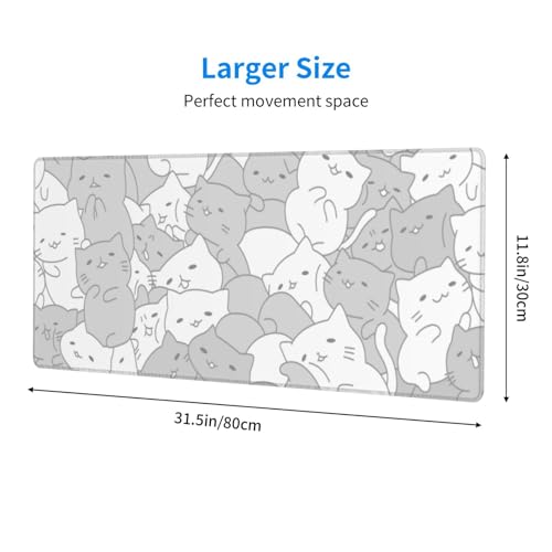 White Kawaii Cats E-Sport Mouse Pad Large Desk Mat Non-Slip Rubber Base Stitched Edge Keyboard Mouse Pad for Office Home E-Sport Computer Laptop, 31.5×11.8 Inches - color: White Kawaii Cats