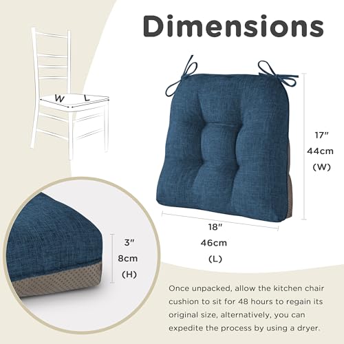 AddGrace Chair Cushions for Dining Chairs Set of 1 Kitchen Seat Cushions with Ties and Non Slip Backing Tufted Indoor Seat Pad for Kitchen Dining Room 18" x 17" x 3" Navy - color: Navy