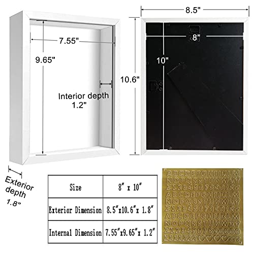 8x10 Shadow Box Frame Display Case with Letter Stickers, Display Case Box for Memorabilia, Baby Items, Wedding Memories, Crafts, Tickets and Photos (White, 8x10) - color: White, size: 8x10