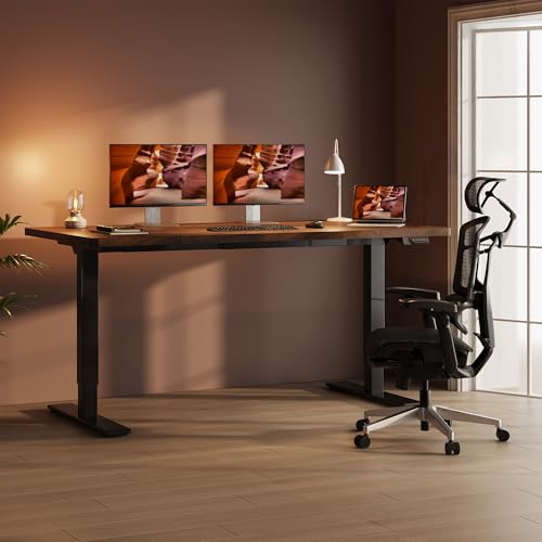 Dual Motor Standing Desk, Large Stand Up Desks, 63x28 Inches Electric Sit Stand Desks, 4 Memory Preset Adjustable Height Computer Table for Home Office with Splice Board (Brown) - color: Brown, size: 6328